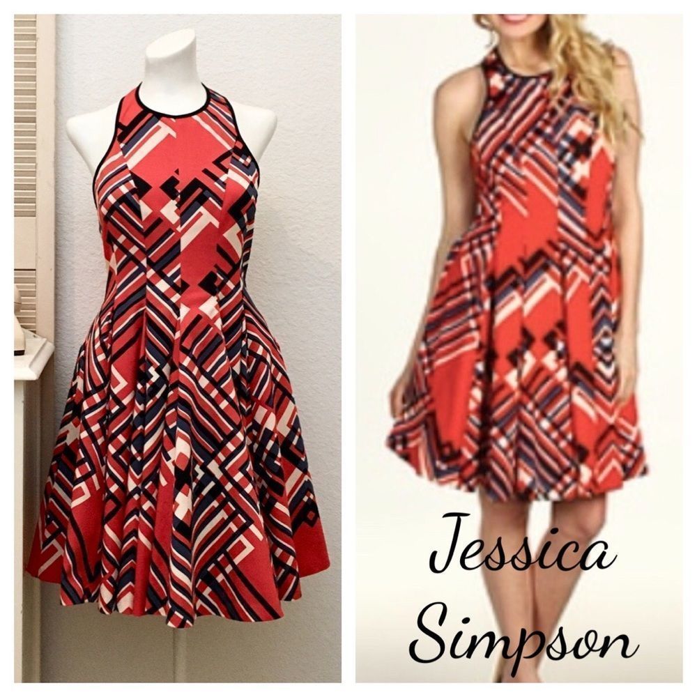 Jessica Simpson Orange-y Red & Blue Graphic Print Plaid Halter Dress Siz…